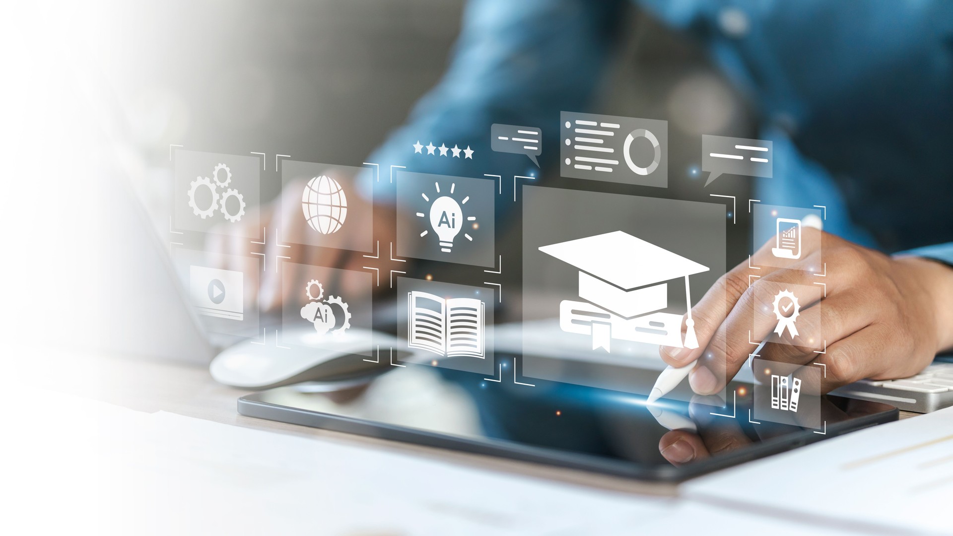 e-learning education concept, man use laptop with icons representing online education, Learning using artificial intelligence, ai, educational tools, video tutorial digital courses, internet lessons.