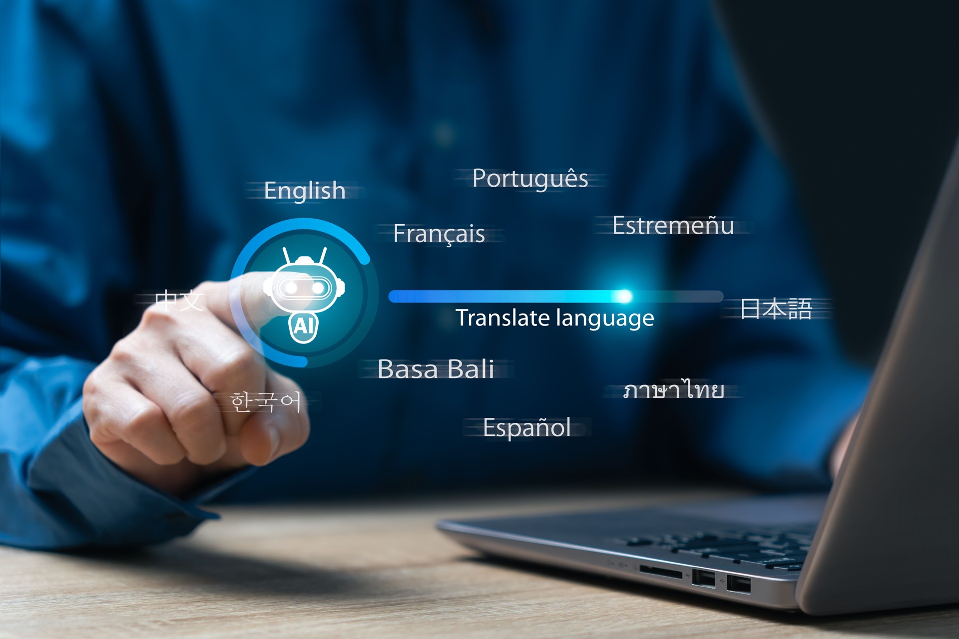 AI, Translation system multilingual language translation technology concept, Businesswomen auto translate language with artificial intelligence, global language translate, International connections